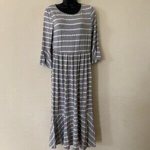 Grey Striped 3/4 Fluted Sleeve Midi Dress